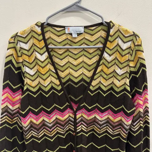 M Missoni Brown Pink Yellow Green Metallic Chevron Knit ZigZag Cardigan Size 12