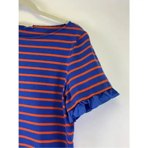 Tory Burch  Red Blue Striped Mini Dress Cotton Ruffle Trim short Sleeve Small