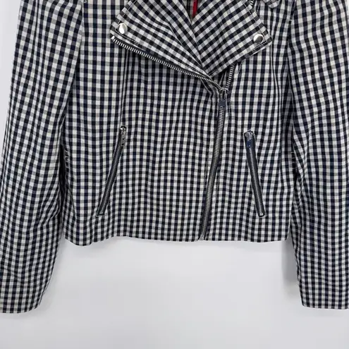 J. Crew Preppy Moto Jacket Womens 10 Blue White Gingham Plaid Cotton Linen NWOT