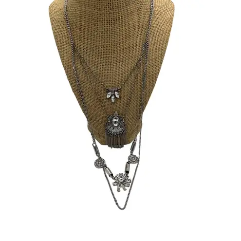 Multi Layer Silver Tone Necklace Clear Crystal Accents Lobster Clasp Adjustable