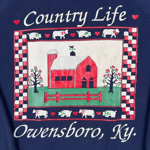 Tultex Vintage Navy Blue Country Life Sweatshirt Size L Red Barn Quilt