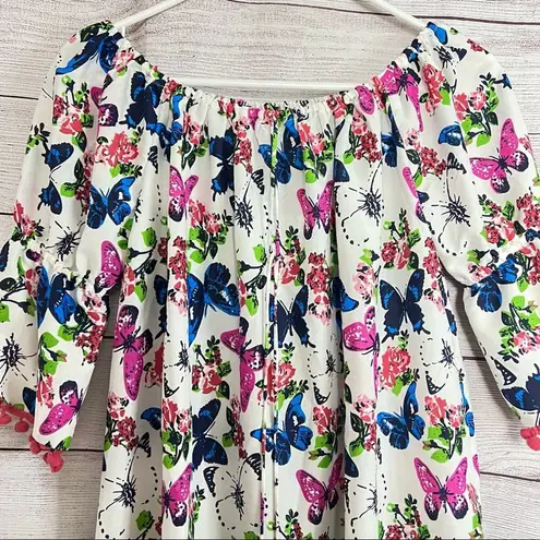 America & Beyond Womens Floral Butterfly Print Tassel String Hem Dress Sz S Blue