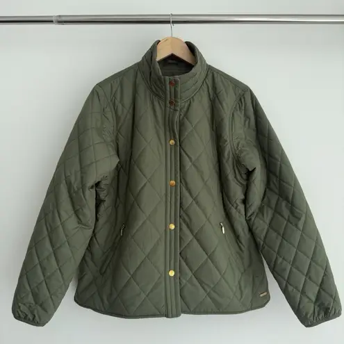 LL Bean Cozy Quilted Jacket Women Large Petite Green Olive Barn Riding Preppy