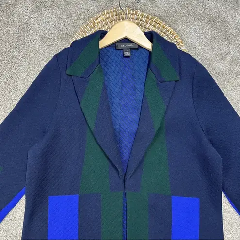 St. John 100% Wool Long Sweater Cardigan Blazer Colorblock in Navy Green L