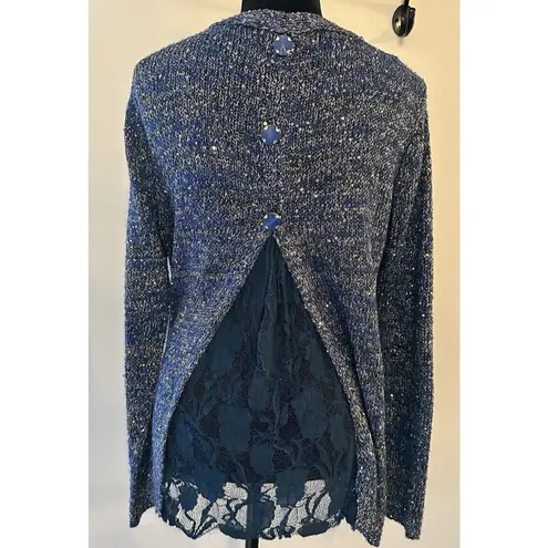 Anthropologie ShuShu Cardigan Sweater Blue/Gold Shimmer Lace Back Angora Large Blue