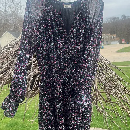 West K tiered midi dress size XL floral sheer sleeves flowy whimsical button up Pink