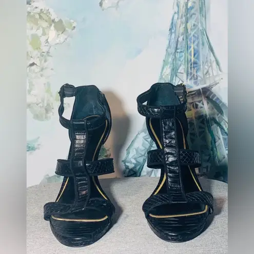 Ralph Lauren Black Leather Python Strappy Open Toe Heels size 10