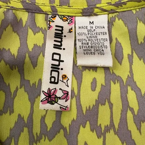 Mimi Chica Sleeveless Leopard Print Mini Dress Green/Gray V-Neck Pockets Silky