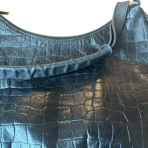 Maurizio Taiuti Leather Handbag Shoulder Bag Black Embossed Croc Half Moon Hobo