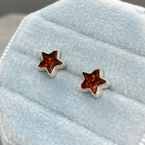 Dainty Sterling Silver & Baltic Amber Star Shaped Stud Earrings Brown