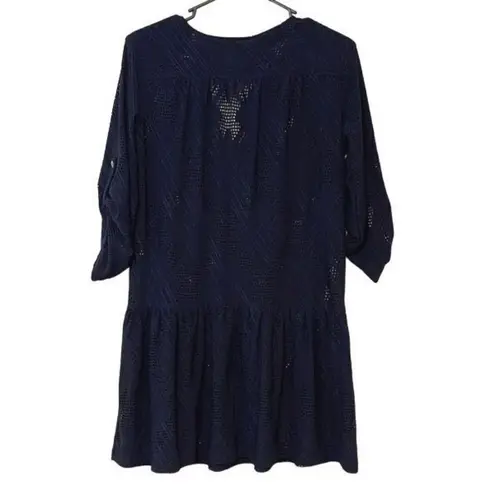 J Valdi Women's Navy Roll Tab Sleeve Drop Waist Eyelet Swim Cover Up Small Blue