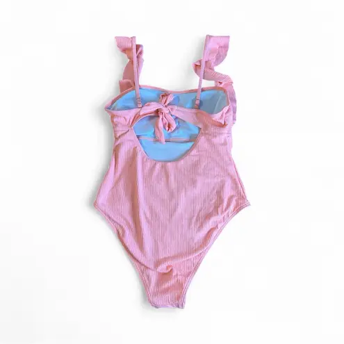 S Pink Ribbed Ruffle Tie Back One Piece Swimsuit Ruched High Cut
