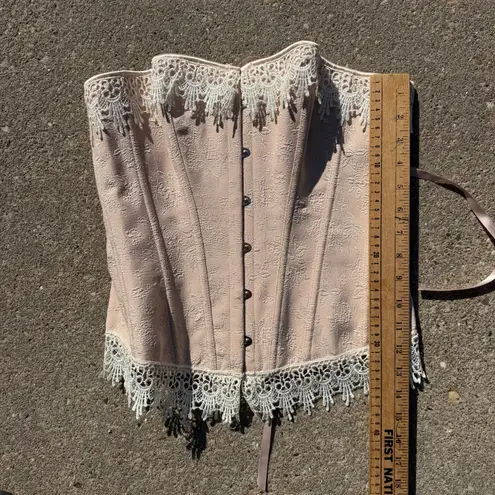 Dusty Rose Floral Brocade Crochet Trim Lace Up Corset Whimsical Coquette MEDIUM Pink
