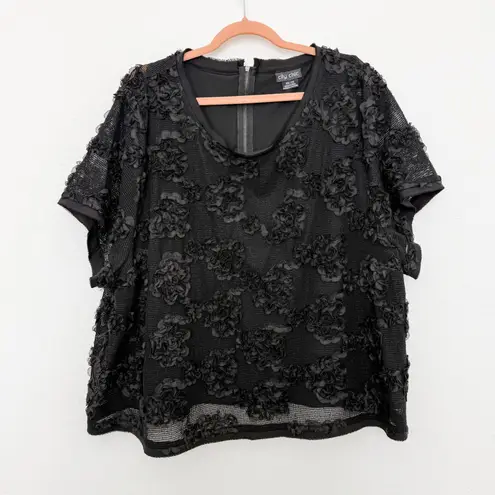City Chic Womens Top Size XXL Black Floral Applique Mesh Romantic Whimsigoth
