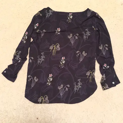 Loft  Dark Purple Blouse with Yellow Floral Pattern