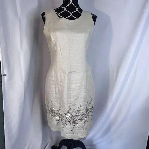 Cali Cali Beige 100% Linen Sleeveless Embroidered Hem Sheath Dress Size 6
