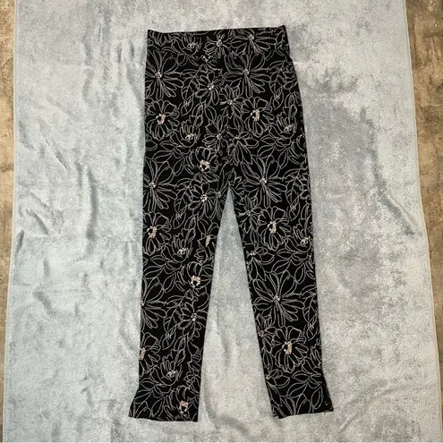 Agenda Petite Black Tan Floral Slim Fit Work Pants Ankle Slit Pants Size Small