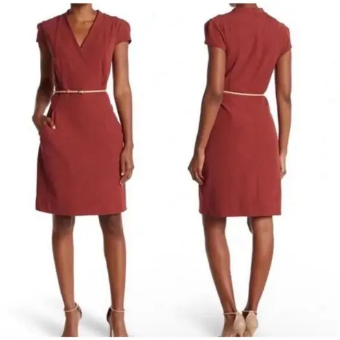 MM.LaFleur New Felisa 2.0 Faux Wrap Twill Sheath Dress Brick Red 10 NO BELT NWT