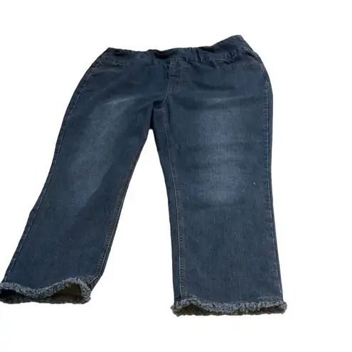 Soft Surroundings Unisex Medium Wash Straight Leg Jeans Frayed Hem Zip Closure Blue Size M