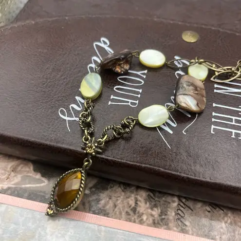 Vintage Handcrafted Beaded Faux Tiger Eye Shell Antique Brass Necklace 21”