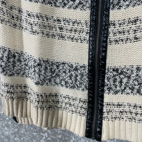 Trouve Ivory Striped Faux Leather Trim Zip Up Cardigan