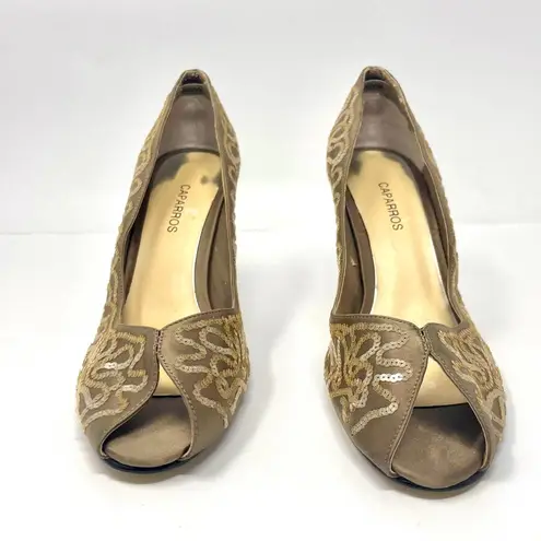 Caparros 00s Vintage Tan Brown Leather Sequin Peep Toe Heels