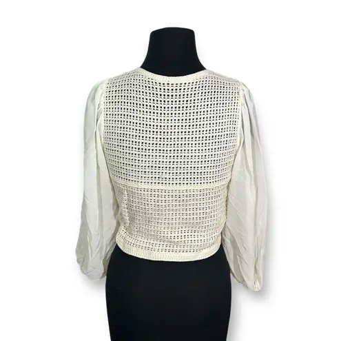 EUC Boho Crochet Vest Sheer Sleeve Floral Embroidered Cream Cotton Top Size M