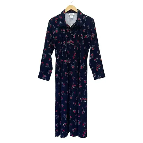 Vermont Country Store Pintuck Cotton Corduroy Dress Navy Blue Floral Size Medium