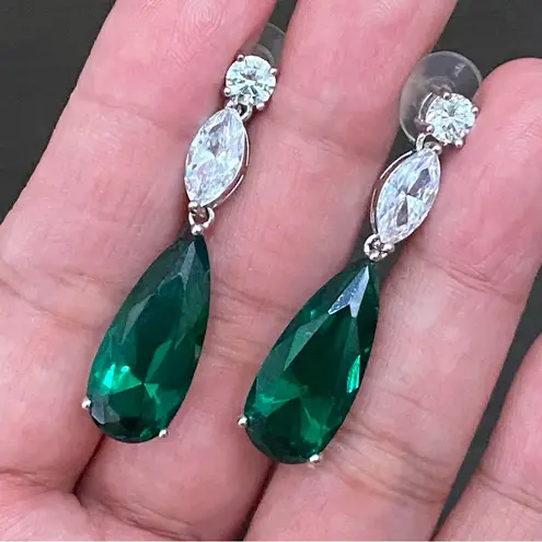 Signed Teardrop Lab Emerald Silvertone Drop Earrings