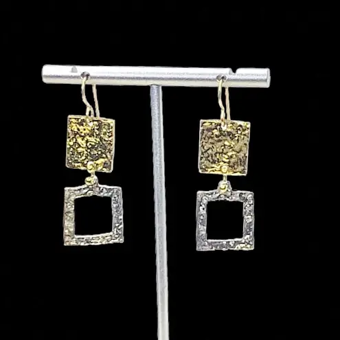 HAMMERED Two Tone Square Earrings and Bracelet Set Gold