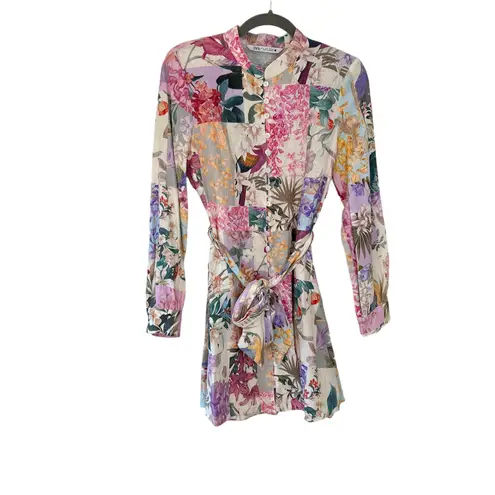 ZARA Linen Blend Floral Button Front Belted Long Sleeve Mini Dress