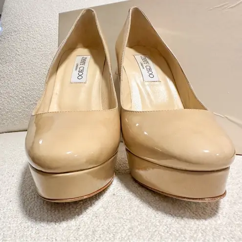 Jimmy Choo Cosmic Patent Leather Nude Platform Pumps sz 38.5
