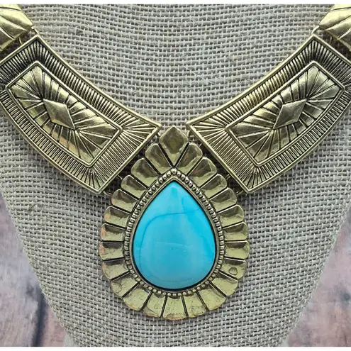 None NWOT Gold Tone & Faux Turquoise Teardrop Bib Collar Necklace Southwestern 22"