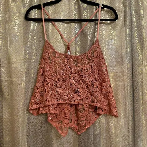 Free People  Best Idea Rose Sequin Lace Cropped Handkerchief Hem Cami Small