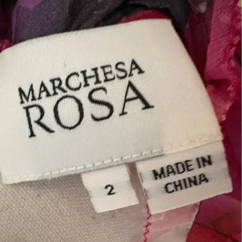 Marchesa Notte Oleander Floral Print Asymmetrical Ruffle Midi Dress Size 2 Purple