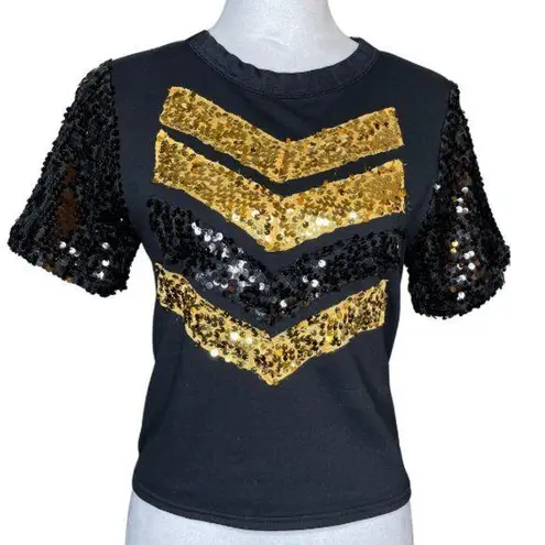 Weissman Women's Chevron Sequin Black Gold Round Neck Top Size Small Cotton
