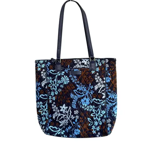 Vera Bradley Tote Bag Quilted Floral Travel Carryall Handbag Blue Brown