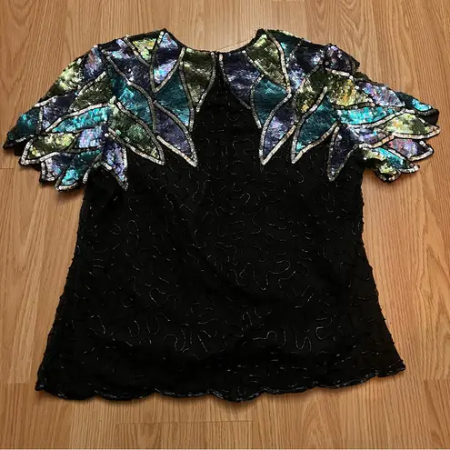 Laurence Kazar Vintage Black Sequin Beaded Cocktail Blouse 100% Silk Women’s L