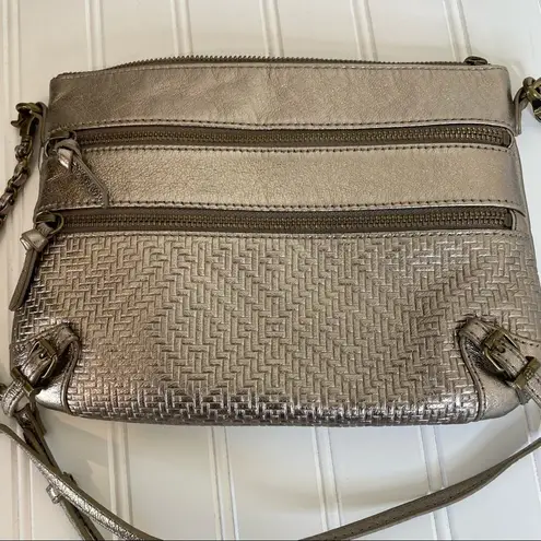 Elliot Lucca Messina silver metallic pewter leather 3 zip crossbody bag purse