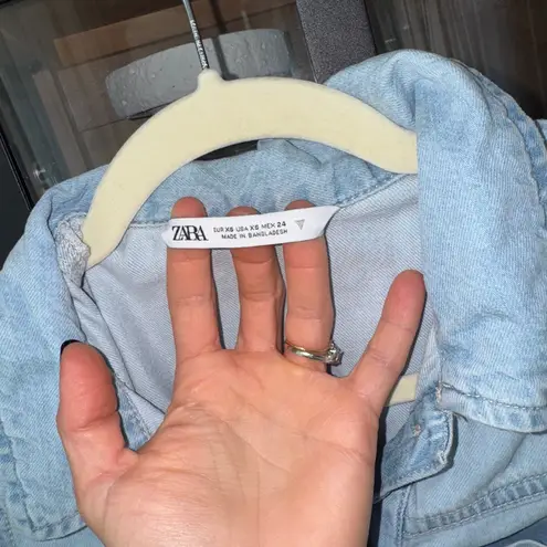 ZARA  denim playsuit romper utility button down short sleeve light wash pockets