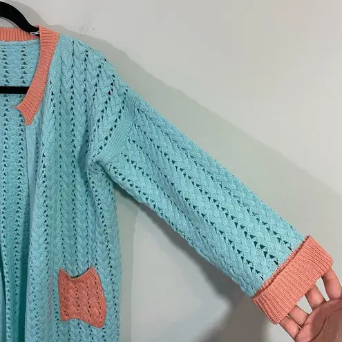 Handmade Vintage Baby Blue & Coral Open Front Cable Knit Cardigan