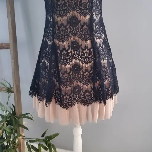 Betsy and Adam Sleeveless Lace Over Netting Cocktail Dress Black Pink 6