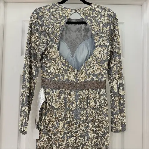 Mac Duggal 4316D Long Sleeve Beaded Formal Black Tie Evening Gown Platinum Gold