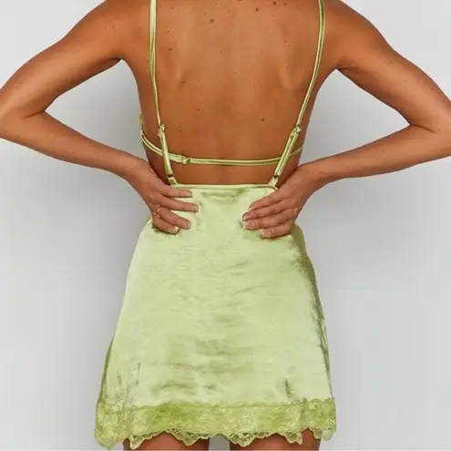 Beginning Boutique NWT NEW  “Stella Lace Trim Dress Green” lime satiny mini