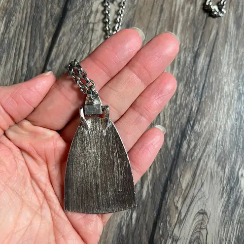 Vintage Stainless Steel Flower Engraved Etched Pendant Necklace with Long Chain Silver