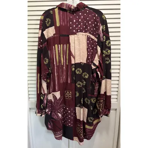 Bella Burgundy/Black Button Down Long Sleeve Shirt Dress Size 1X High/low Tan