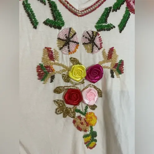 Aziz VTG Y2K Sleeveless Colorful Beaded Fabric Rosettes Beige Spandex Tank Top L Pink Size L