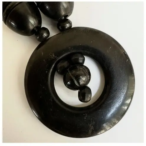 Vintage Scrimshaw Africa Buffalo Horn Tribal Pendant necklace Black