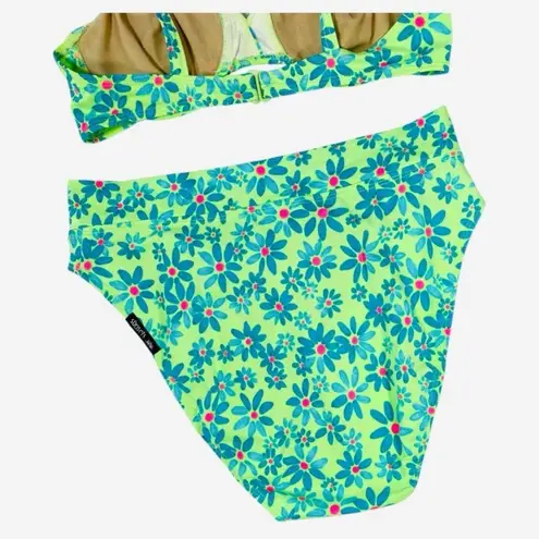 VINTAGE 90s SUNSETS Neon Floral Bikini Set Green Size L