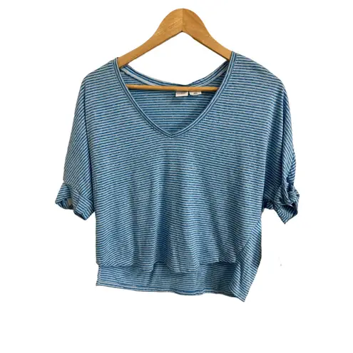 Melrose and Market Blue White Striped Knot Sleeve V-Neck T-Shirt Small NEW